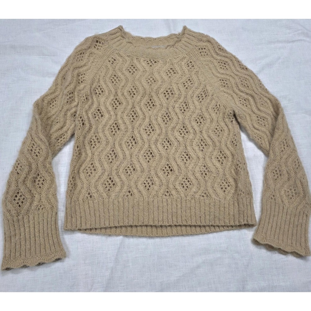 J.Crew Sweater Womens Medium Alpaca Wool Pointelle Lagenlook Cable Knit Camel